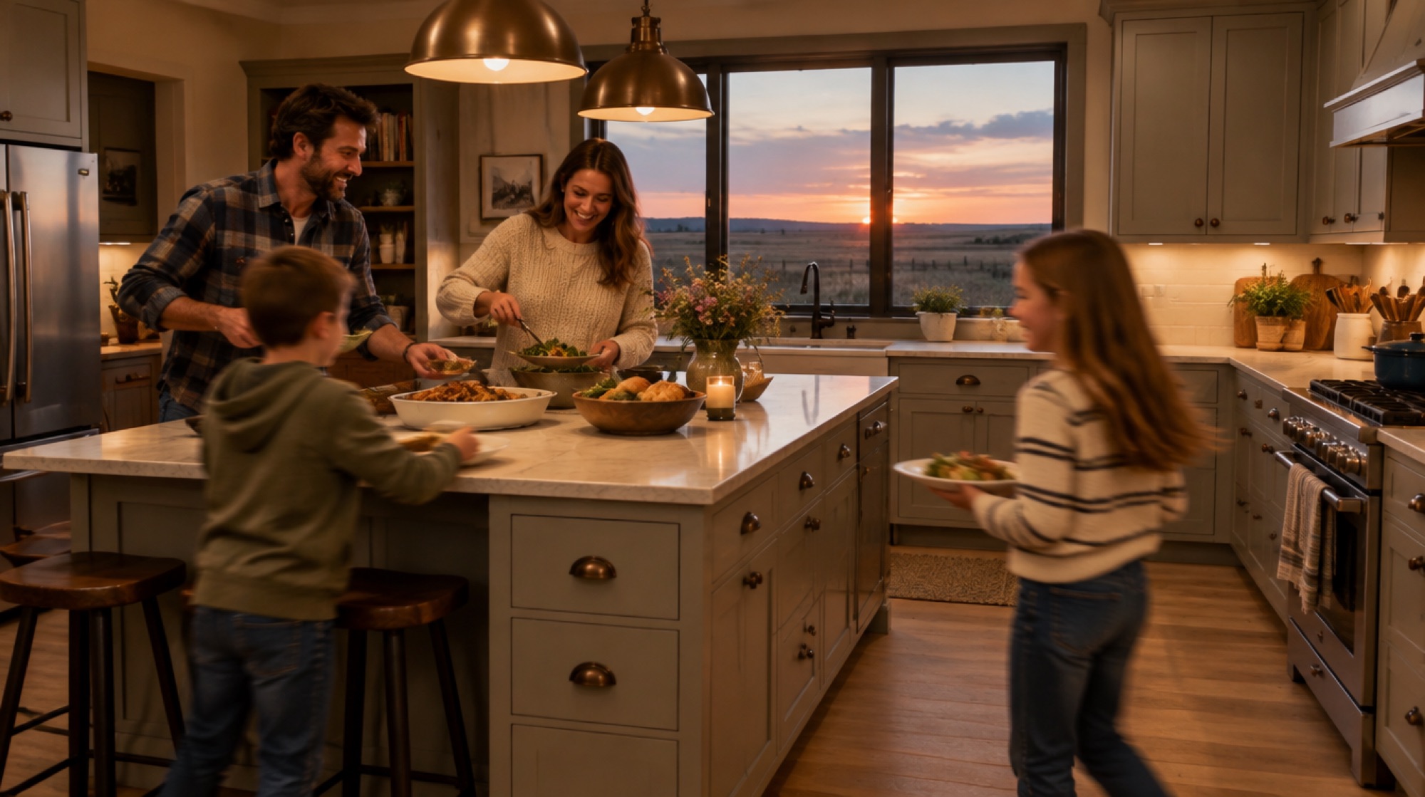 A family serving dinner around a kitchen island at sunset