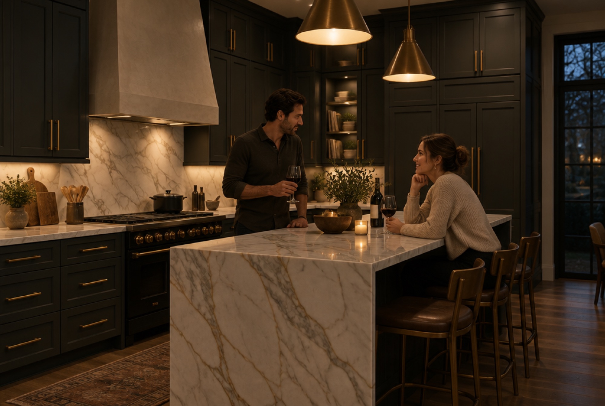 Charcoal kitchen with brass bar pulls and a marble-look waterfall island in the evening