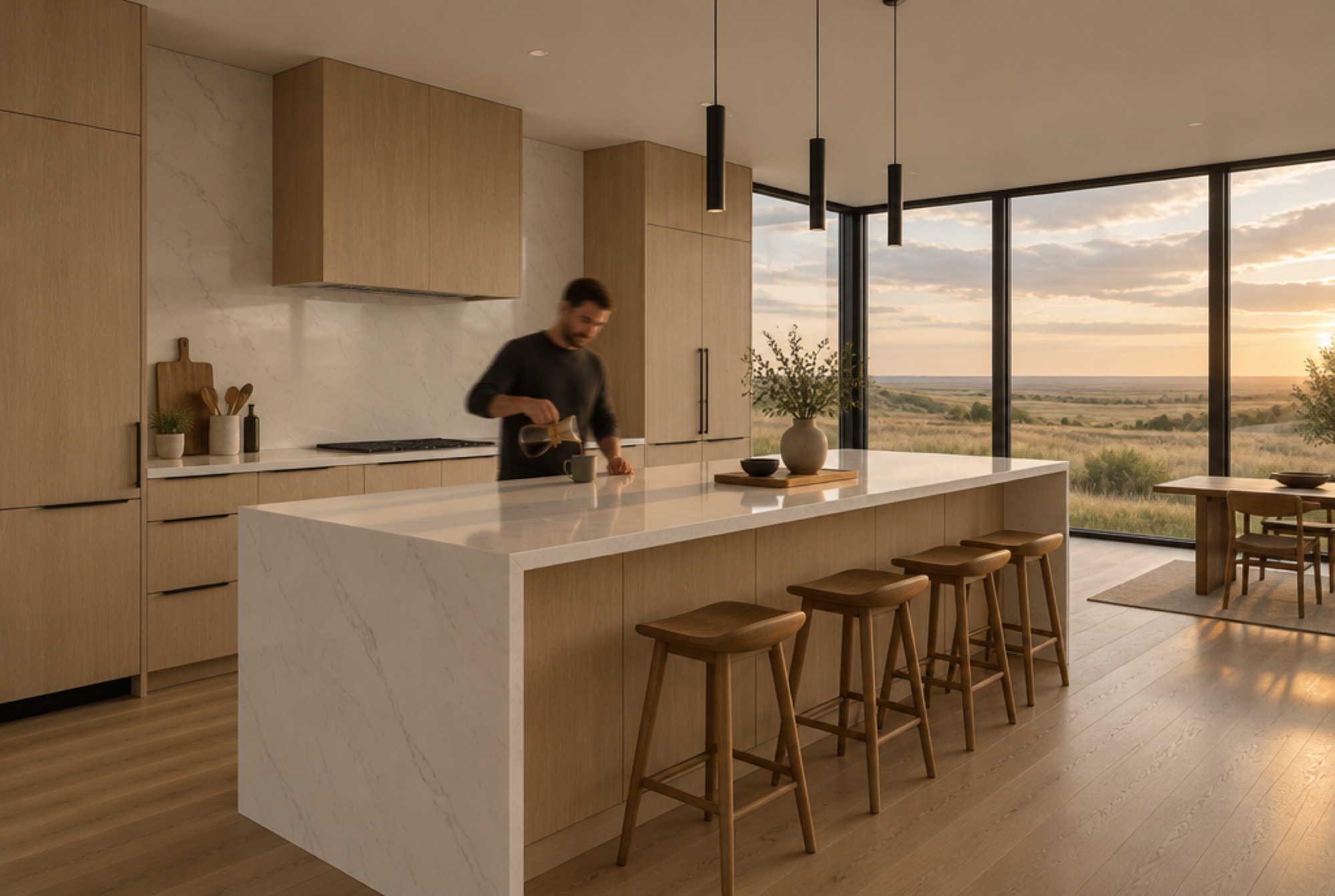Modern kitchen with rift white oak slab cabinets and a waterfall island overlooking the prairie