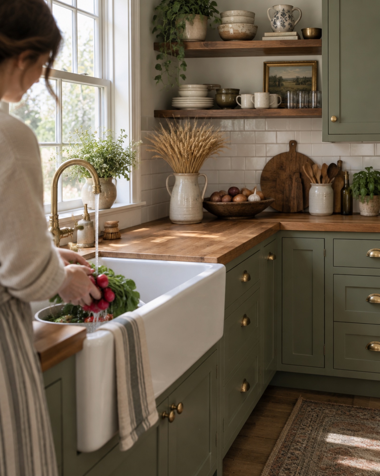Sage green Shaker kitchen with brass cup pulls, apron sink and butcher block