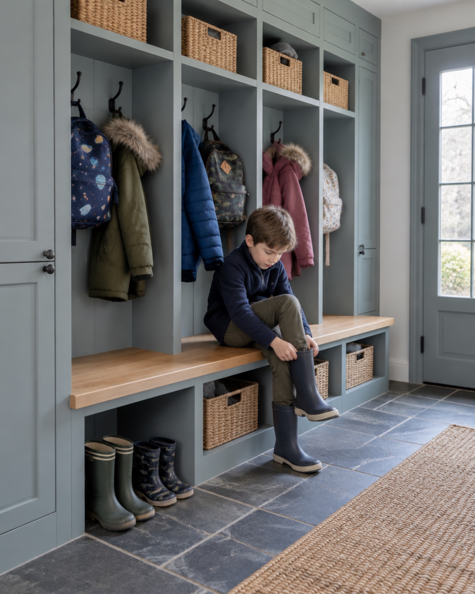 Blue-grey mudroom lockers with a white oak bench and a boy pulling on his boots